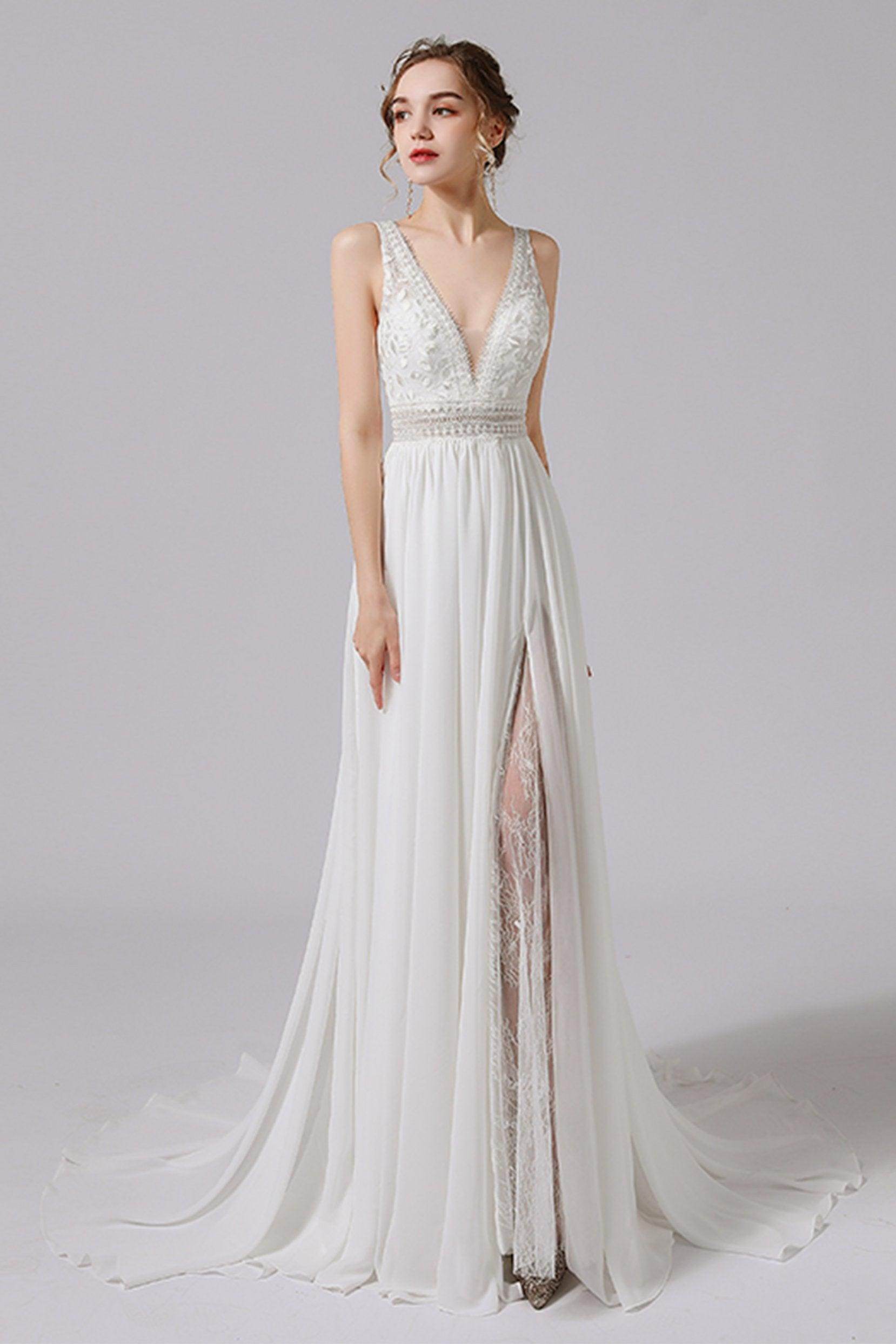 A-Line Sweep-Brush Train Lace Tulle Wedding Dress CW2705 - COCOMELODY